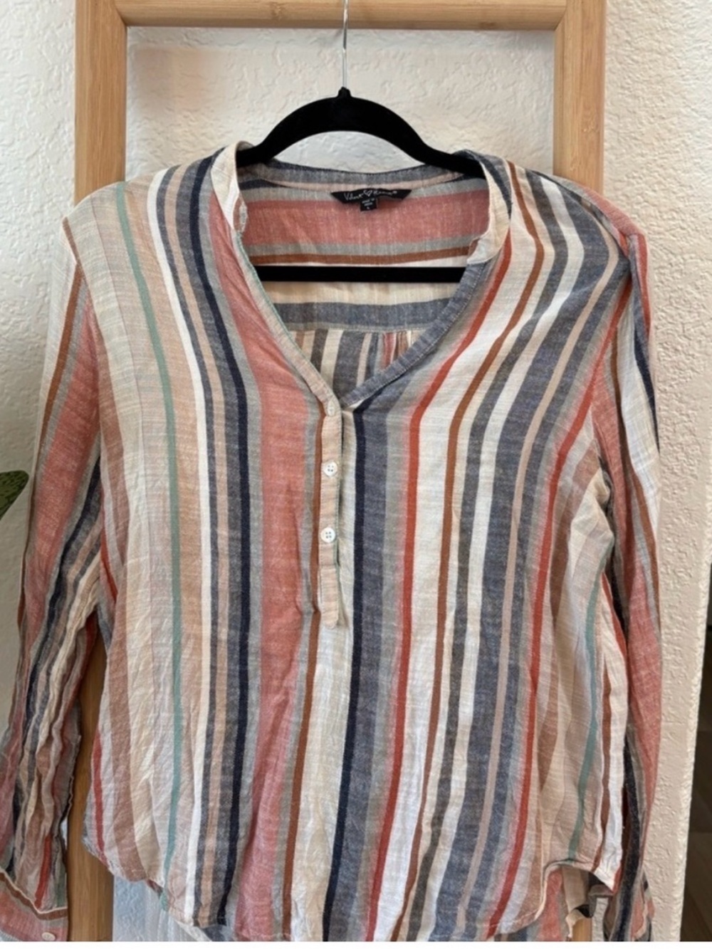 Velvet Heart Striped Button-Front Tunic in Coral, Blue & Cream